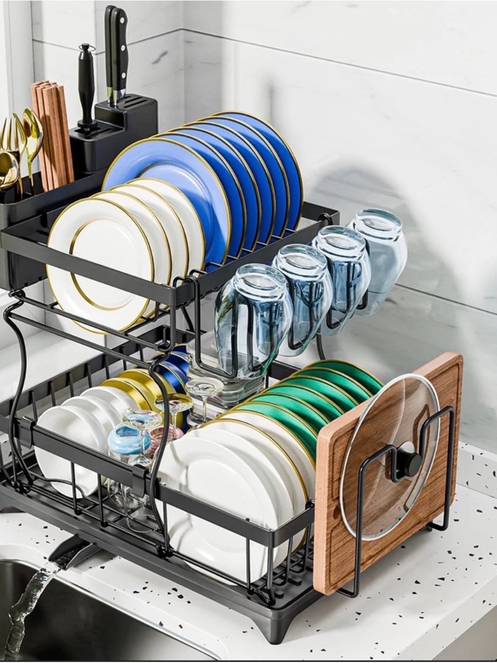 Premium Black Two-Tier Dish Drying Rack with Glass & Plate Holders
